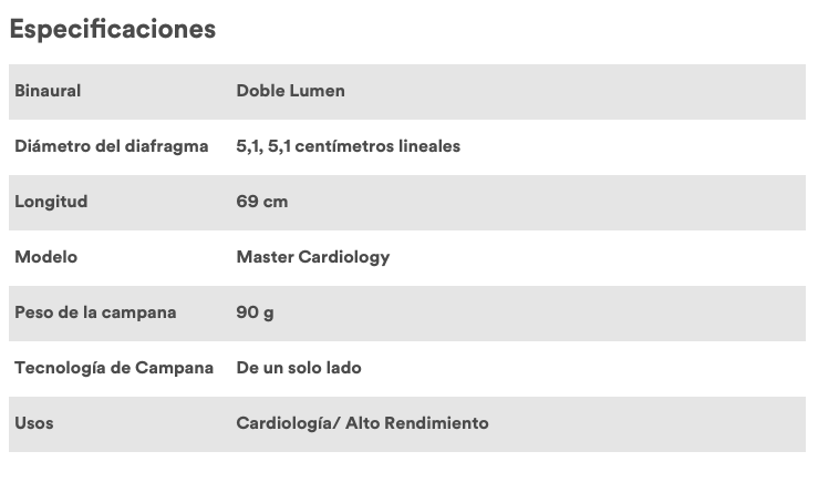 Fonendoscopio Littmann Cardiology. Especificaciones.