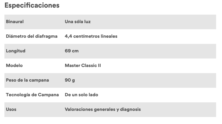 fonendoscopio Littmann clase II. Especificaciones.